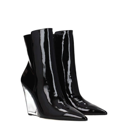 Stuart Weitzman Black Leather Ankle Boots with patent leather finish, pointy toe, wedge heel, and zip closure, style Punk Rock.