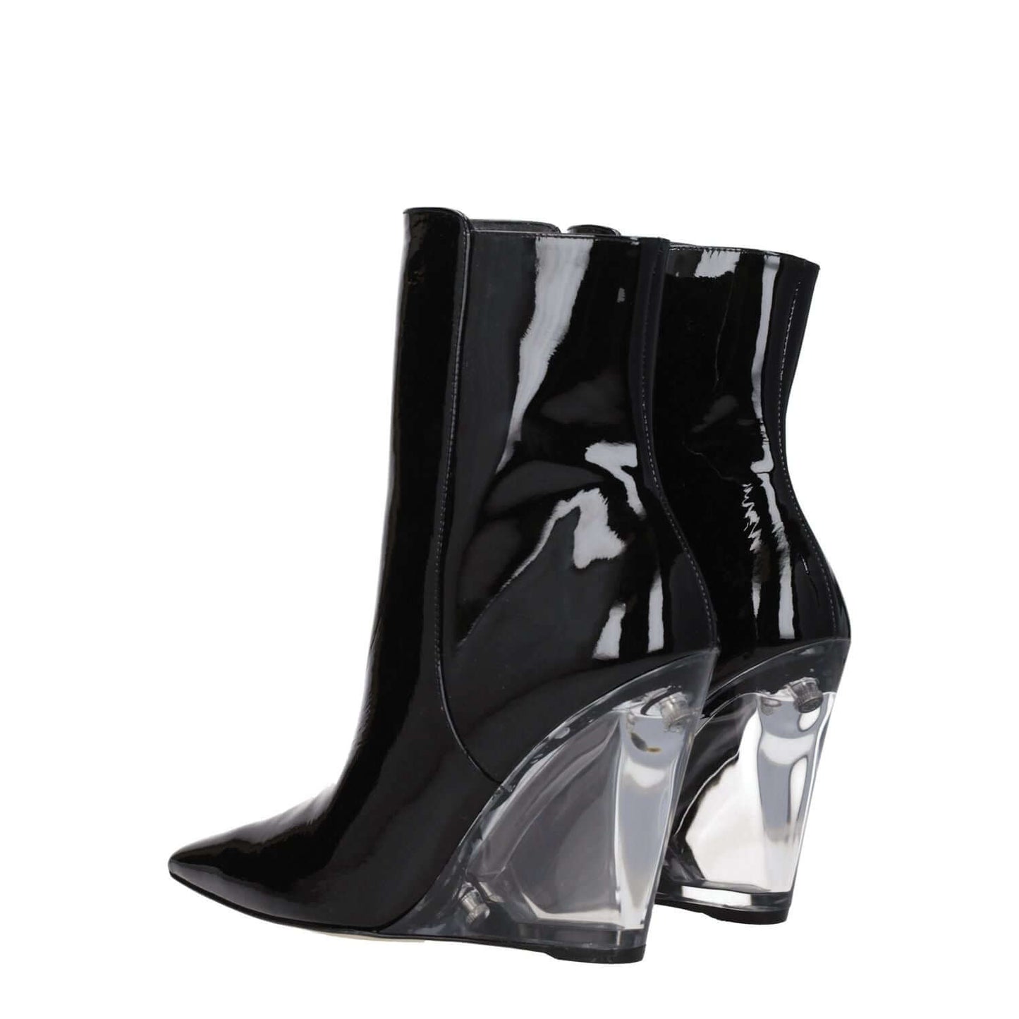 Stuart Weitzman Black Leather Ankle Boots with patent finish and wedge heels, featuring gold punk rock style and zip closure.