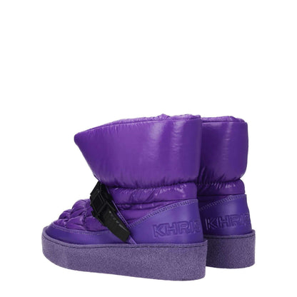 Khrisjoy Purple Polyester Ankle Boots with back logo, suede materials, and rubber sole, featuring 4 cm mid heels and round toe design.