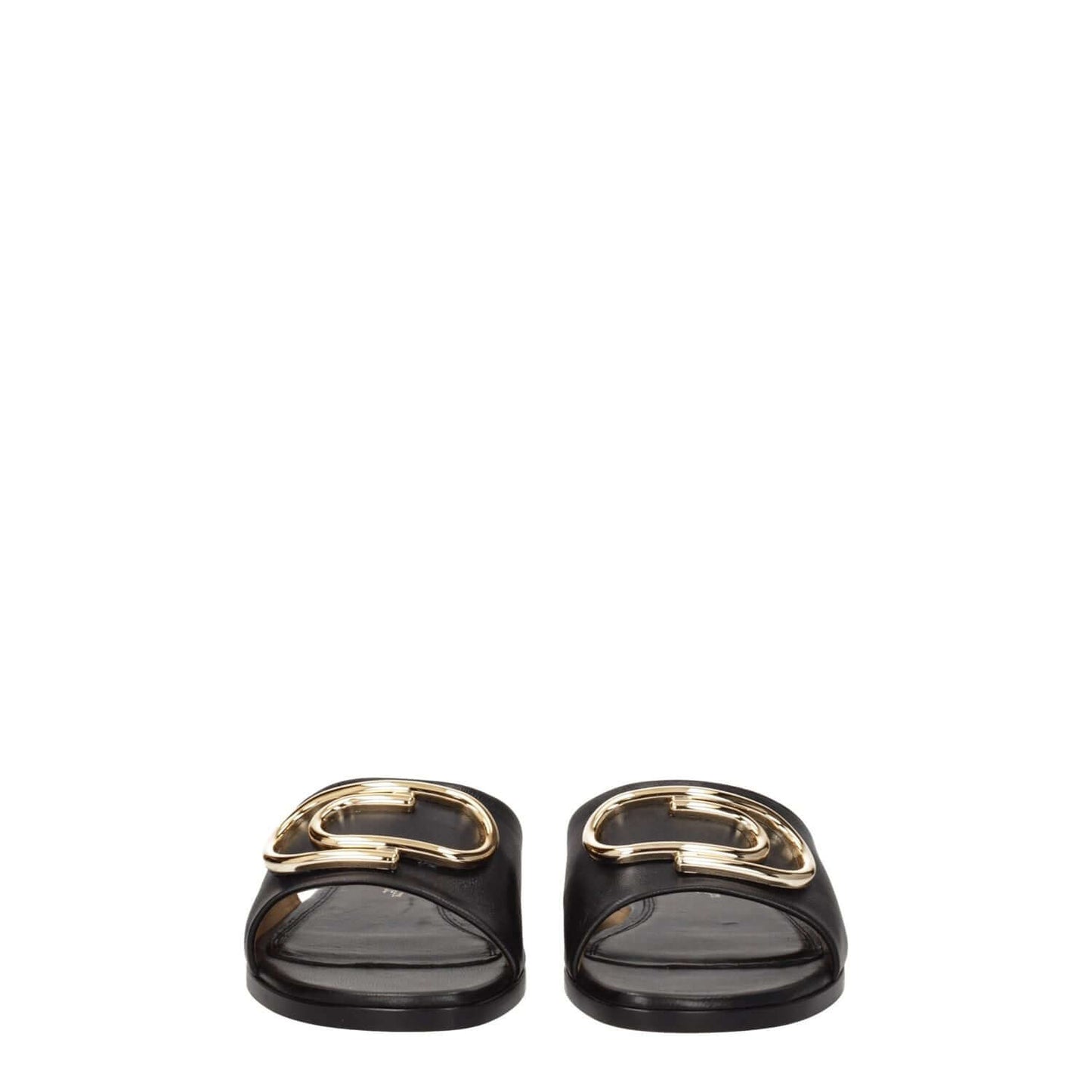 Off-White Black Leather Slippers featuring gold details, open toe, low flat heel, and made of leather. Style: Casual. MPN: OWIC015LEA0031076.