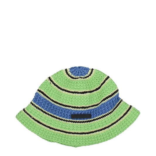 Stella McCartney Green Cotton Bucket Hat with blue stripes, front logo detail, vintage style. MPN: 7V0043WP01643000, Code: F78039.