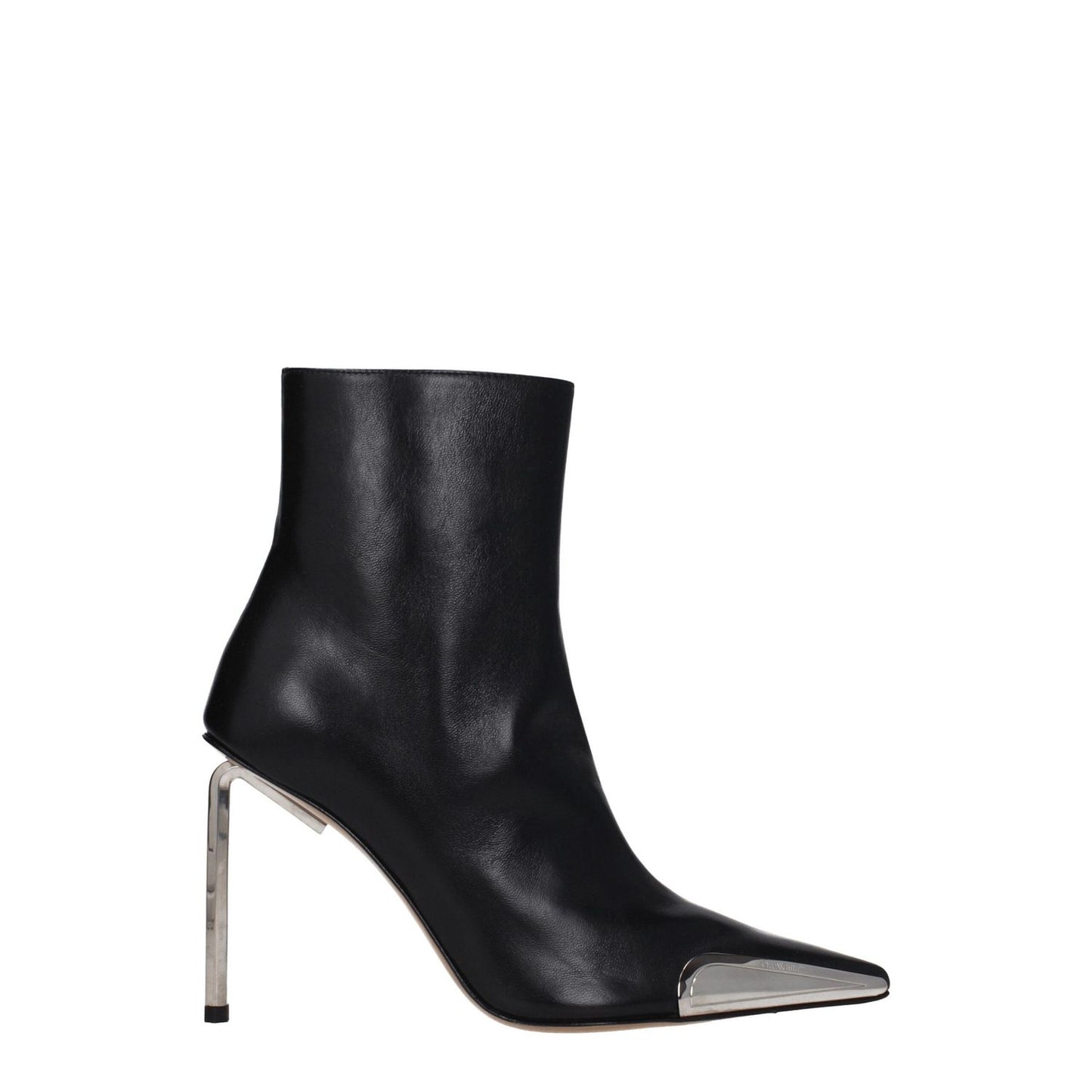Off-White Black Leather Ankle Boots with silver details and high heel design