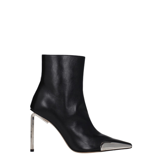 Off-White Black Leather Ankle Boots with high heel, pointy toe, and silver accents.