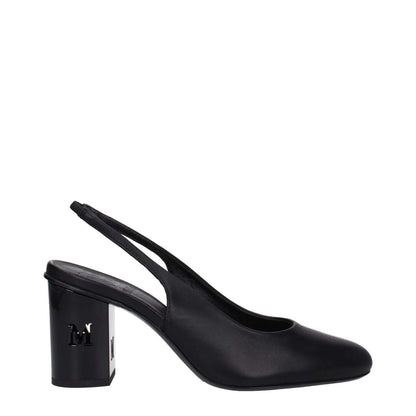 Max Mara Black Leather High Heel Pumps with side and back logo, casual style, round toe, mid heels.