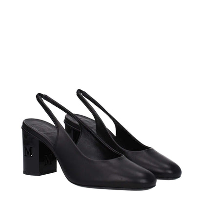 Max Mara Black Leather High Heel Pumps featuring mid heels, round toe, and side logo, MPN DAMIERSLING23452627376005, perfect for casual style.