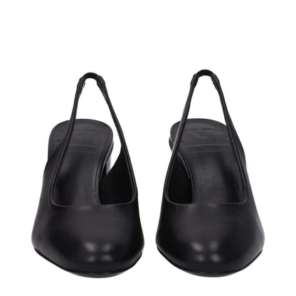 Max Mara Black Leather High Heel Pumps with mid heels, round toe, leather sole, featuring side and back logo detailing.