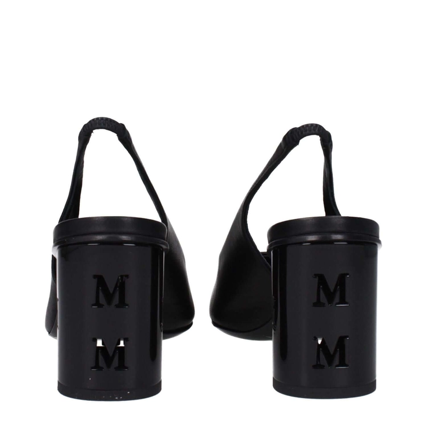 Max Mara Black Leather High Heel Pumps with logo on mid heels and slingback style, featuring a round toe and leather sole.