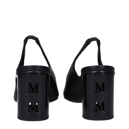 Max Mara Black Leather High Heel Pumps with logo on mid heels and slingback style, featuring a round toe and leather sole.