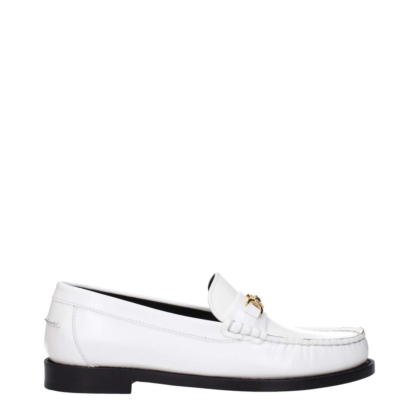 Versace White Leather Slip-On Loafers with front detail and logo, MPN 10121231A087731W00V, side view on white background.