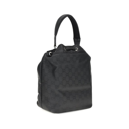 Gucci Black Polyamide Backet Bag with GG Supreme pattern, drawstring closure, and rigid handle showcasing stylish functionality.