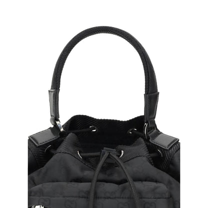 Gucci Black Polyamide Backet Bag with rigid handle and drawstring closure, featuring GG Supreme pattern and front zippered pockets.
