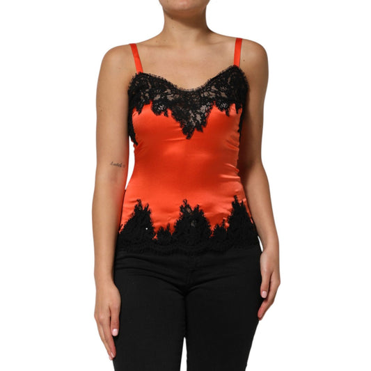 Dolce & Gabbana Red Black Lace Trim Silk Sleeveless Tank Top TSH90623-2