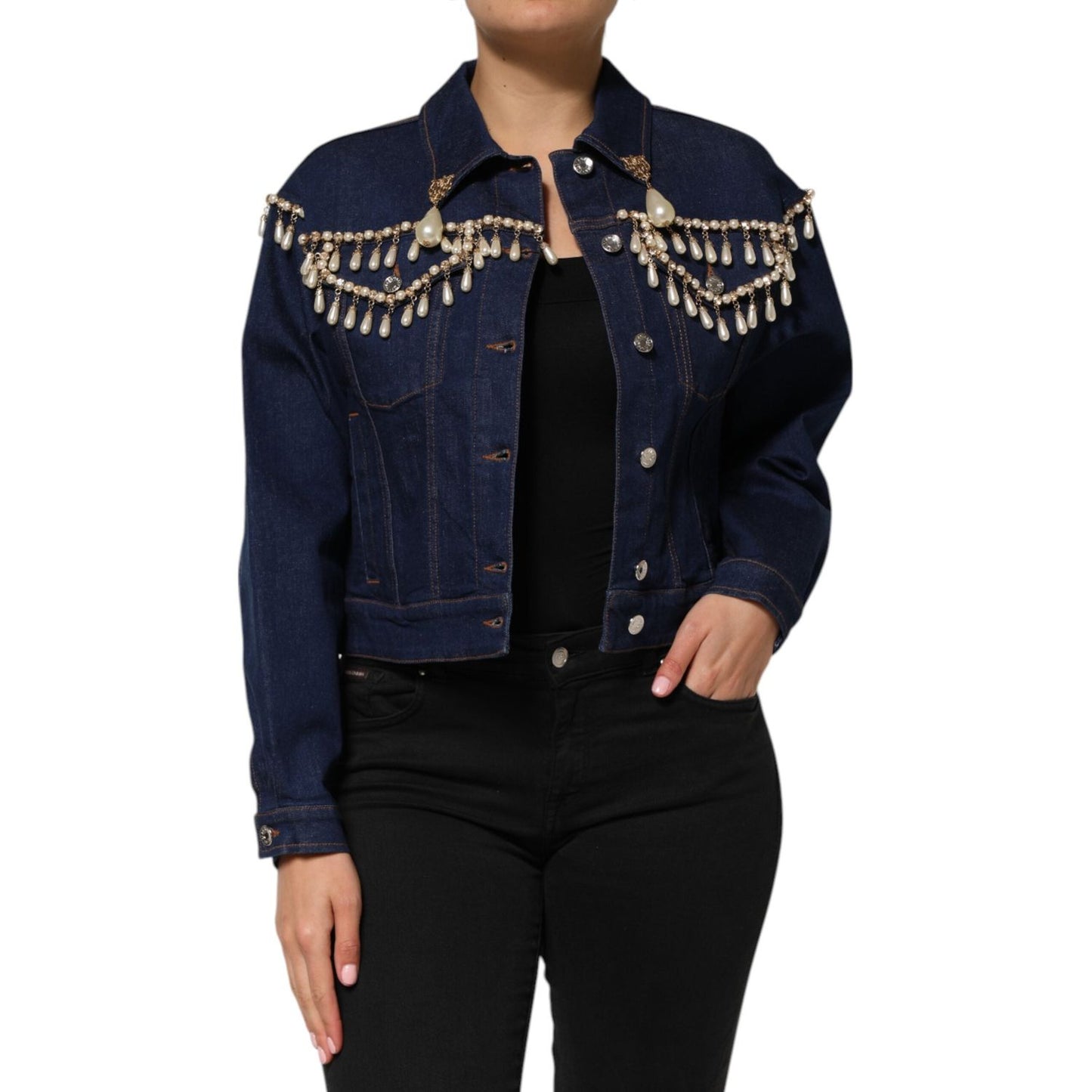 Dolce & Gabbana Blue Cotton Denim Crystal Embellished Jacket JKT41507-38
