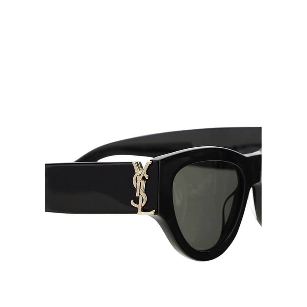 Saint Laurent Black Acetate Sunglasses with gold logo, elegant cat-eye shape with vintage and contemporary style, feminine and bold design.
