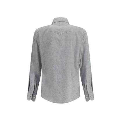 Back view of Brunello Cucinelli Gray Cotton Pattern Shirt with adjustable button cuffs and classic collar.
