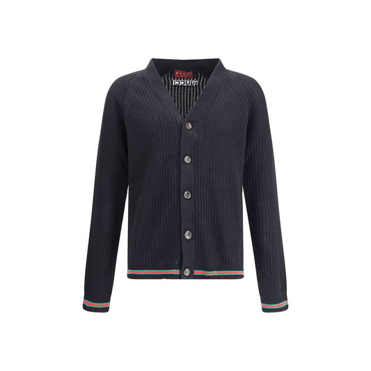 Gucci Black Cotton Cardigan with V-neck, button closure, and raglan sleeves for elegant texture and comfort, AW25 collection.