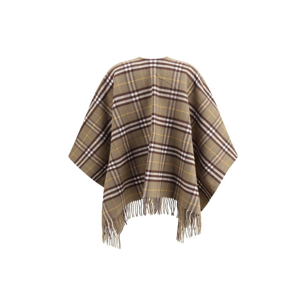 Burberry Brown Wool Coat with iconic check pattern and fringe detailing, crafted from wool and cashmere for luxurious softness.