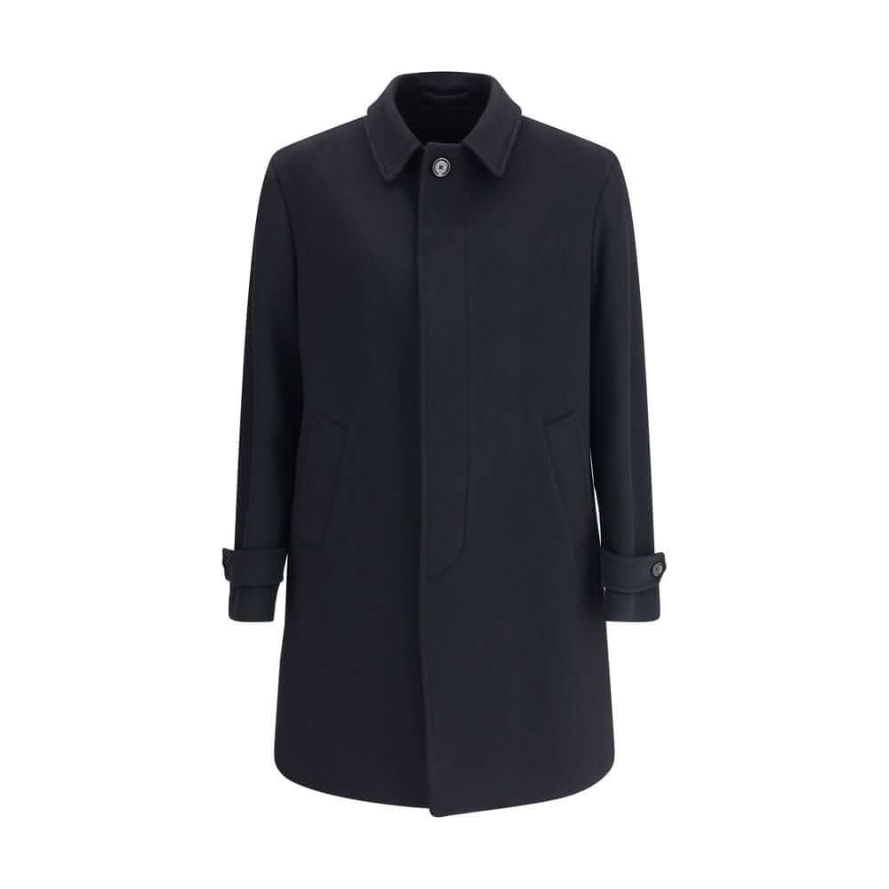 Lardini Black Fleece Wool Trench Coat with button closure and side pockets, made in Italy from pure virgin wool.