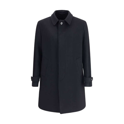 Lardini Black Fleece Wool Trench Coat with button closure and side pockets, made in Italy from pure virgin wool.