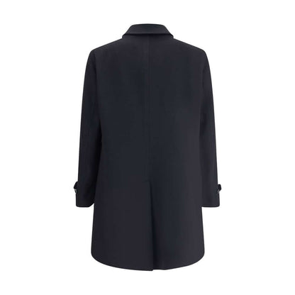 Back view of Lardini Black Fleece Wool Trench Coat, single-breasted design, adjustable button cuffs, made in Italy with 100% pure virgin wool.