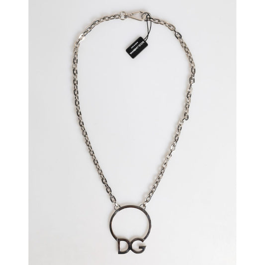 Dolce & Gabbana Silver Tone Brass Chain DG Logo Pendant Men Necklace