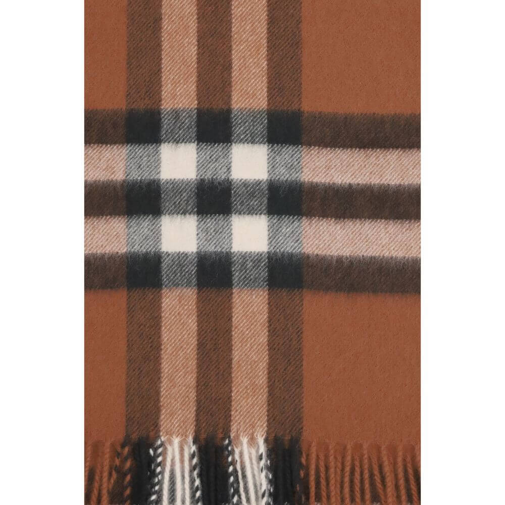 Burberry Brown Cashmere Scarf featuring classic check design with fringed ends, 100% Kashmir, elegant autumn accessory.