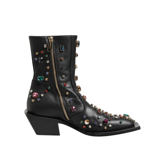Dolce & Gabbana Black Crystal Cowboy Leather Men Boots Shoes