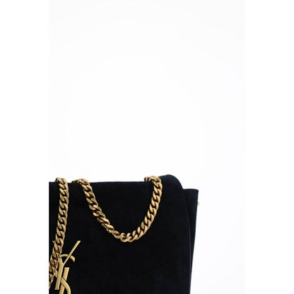 Saint Laurent Black Calf Leather Bos Taurus Shoulder Bag with gold chain strap and iconic monogram, elegant suede design.