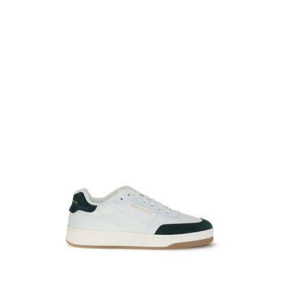 Saint Laurent White Calf Leather Bos Taurus Low Top Sneakers with suede panel and logo detailing.