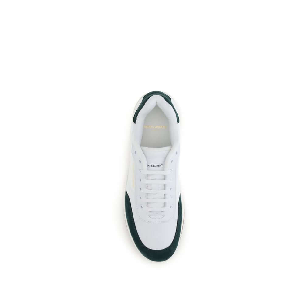 Top view of Saint Laurent White Calf Leather Bos Taurus Low Top Sneakers with suede panels and logo details, featuring a flat sole.