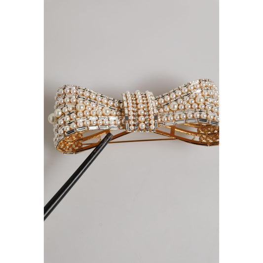 Dolce & Gabbana Gold Tone Brass Bow Crystal Faux Pearl Embellished Brooch