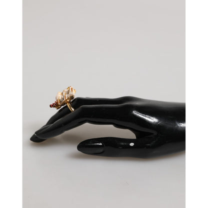 Dolce & Gabbana Gold Brass Resin Beige Dog Pet Accessory Ring