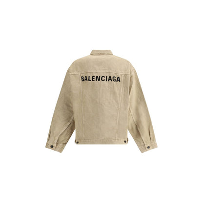 Balenciaga Beige Cotton Denim Jacket with embroidered logo on back, featuring oversized fit and adjustable cuffs for AW25 collection.
