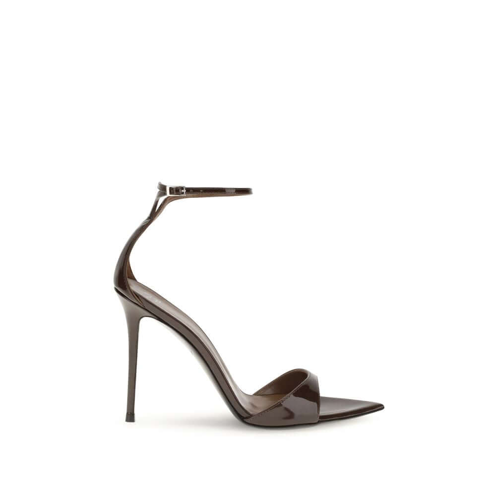Giuseppe Zanotti Black Leather Stiletto Heel Sandals with pointed open-toe design and silver-tone metal strap.