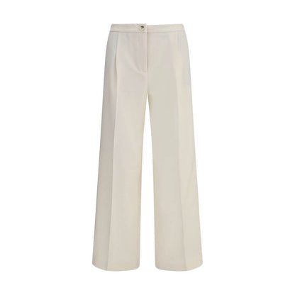 Cruna Cream Polyester Casual Pants with wide leg, front zip, and button fastening; features side slash and back welt pockets, Italian-made.