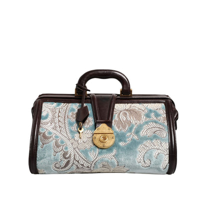 Dolce & Gabbana Blue Brown Leather Floral Jacquard Travel Handbag Bag