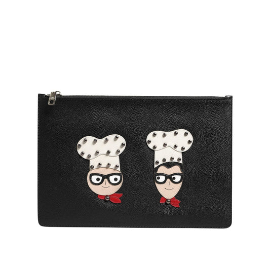Dolce & Gabbana Black Leather #DGFAMILY Embellished Men Clutch Pouch Bag BAG4685