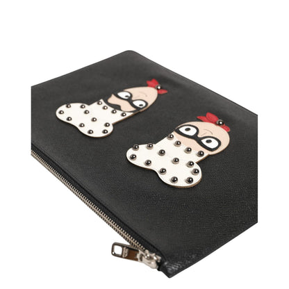 Dolce & Gabbana Black Leather #DGFAMILY Embellished Men Clutch Pouch Bag