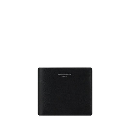 Saint Laurent Black Calf Leather Bos Taurus Wallet with grained leather design and iconic brand signature on front for AW25 collection.