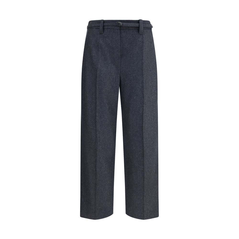 Brunello Cucinelli Gray Fleece Wool Casual Pants, wide leg, front zip closure, adjustable strap, elegant design.