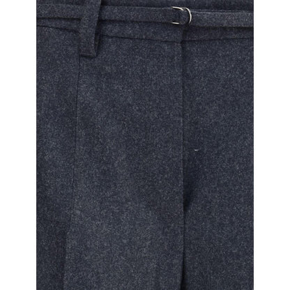 Close-up of Brunello Cucinelli Gray Fleece Wool Casual Pants with belt loops and adjustable strap.