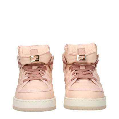 Fendi Pink Nylon High Top Sneakers with logo details, lace-up closure, rubber sole, and round toe in peach and pink.