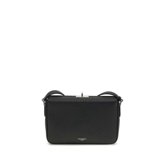 Dolce & Gabbana Black Calf Leather Bos Taurus Shoulder Bag with metal zipper and palladium plating.