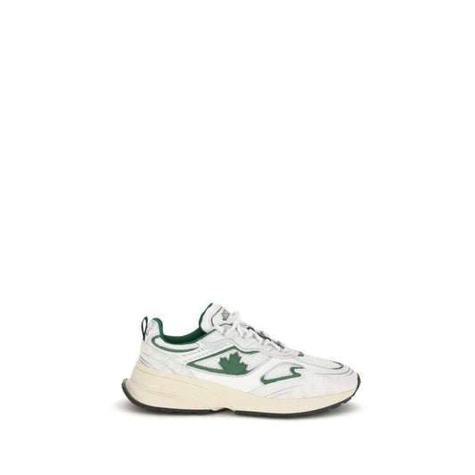 Dsquared² White Calf Leather Bos Taurus Athletic Sneakers with maple leaf and reflective details.