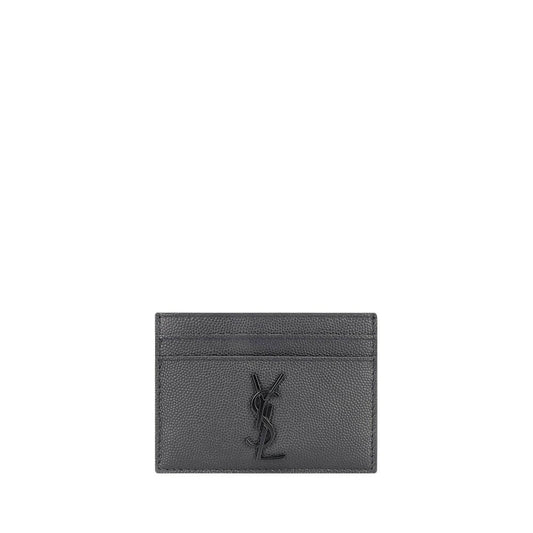 Saint Laurent Gray Calf Leather Bos Taurus Wallet with black embossed logo and card slots, designer calfskin accessory for AW25 season.