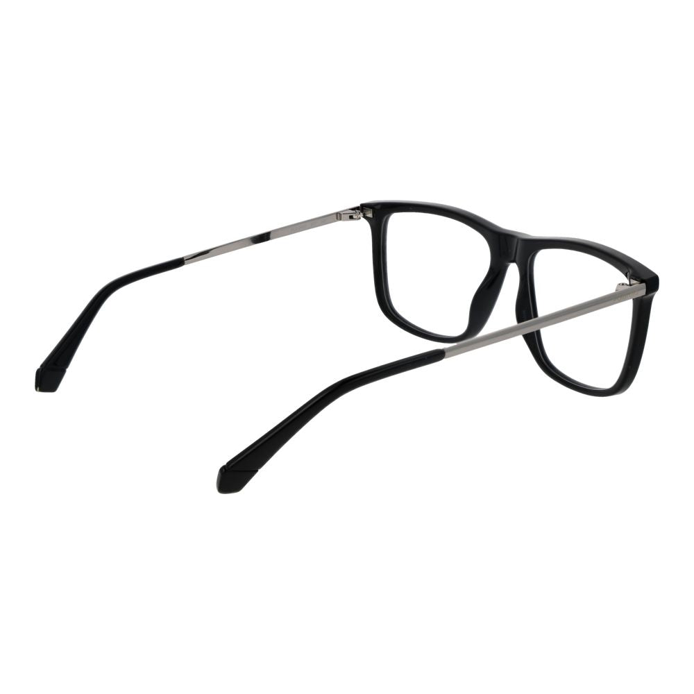 Polaroid Black Men Glasses Frame in full-rim rectangle style, black polyester material, demo lenses, temple length 145mm.