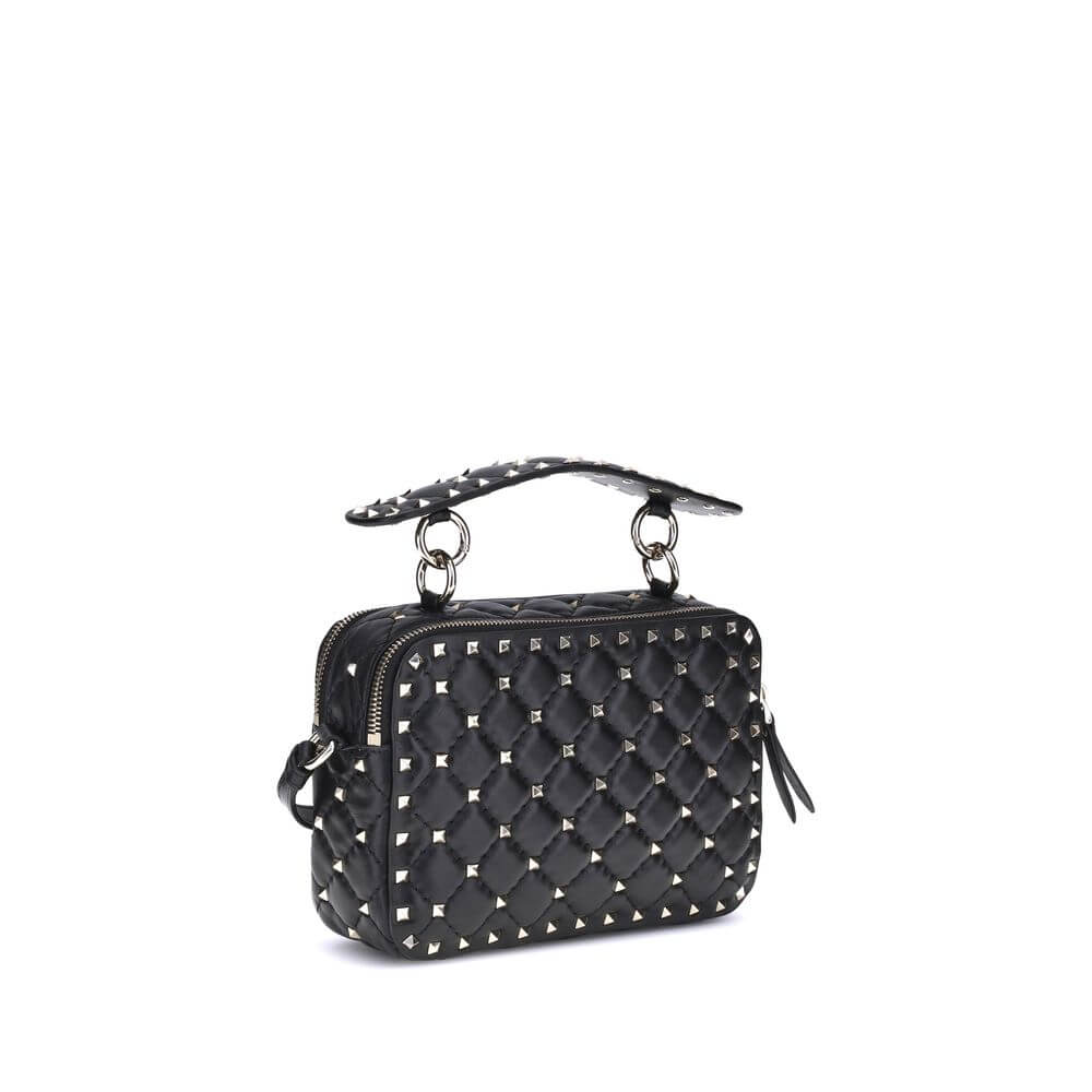 Valentino Garavani Black Lamb Ovis Aries Aries Shoulder Bag with gold-tone studs and quilted leather design.