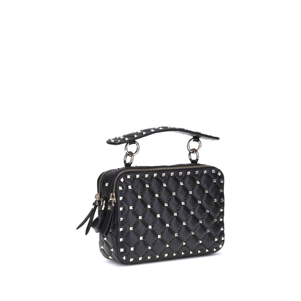 Valentino Garavani Black Lamb Ovis Aries Aries Shoulder Bag with Rockstud design on a white background.