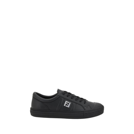 Fendi Black Calf Leather Bos Taurus Athletic Sneakers, luxury sports shoes with logo, laces, flat sole, and rounded toe for comfort.