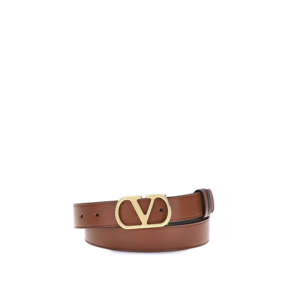Valentino Garavani Brown Calf Leather Bos Taurus Regular Belt with gold VLogo buckle, reversible for versatile styling.